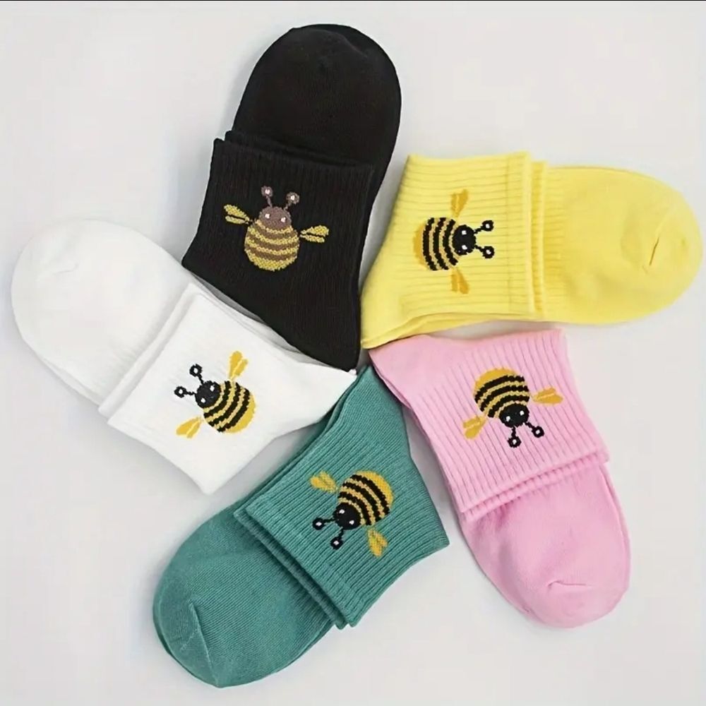 Colorful Bee Embroidered Ribbed Socks Set Ankle Socks - Picture 6 of 6